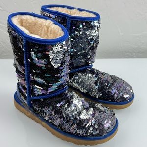 Ugg Boots Classic Short Sequin Sparkles Royal Blue Silver Purple Two‎ Tone Lined